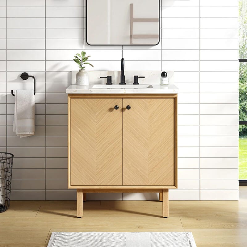 Avanity Adele 30 Single Sink Bathroom Vanity Natural Oak in Calacatta Quartz Top Front View