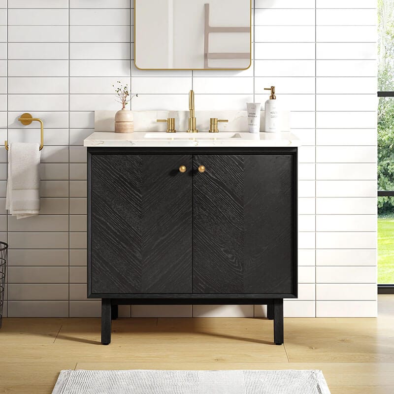 Avanity Adele 36 inch Single Sink Bathroom Vanity Black Oak in Calacatta Quartz Front View