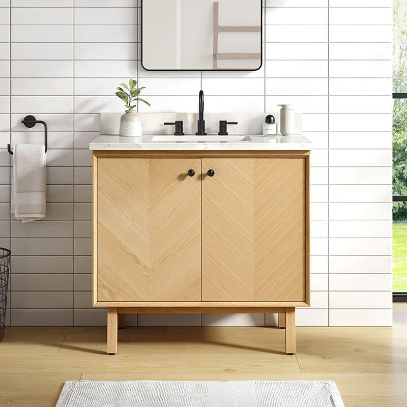 Avanity Adele 36 inch Single Sink Bathroom Vanity Natural Oak in Calacatta Quartz Front View