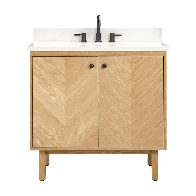 Avanity Adele 36 Single Sink Bathroom Vanity Natural Oak in Calacatta Quartz Front View