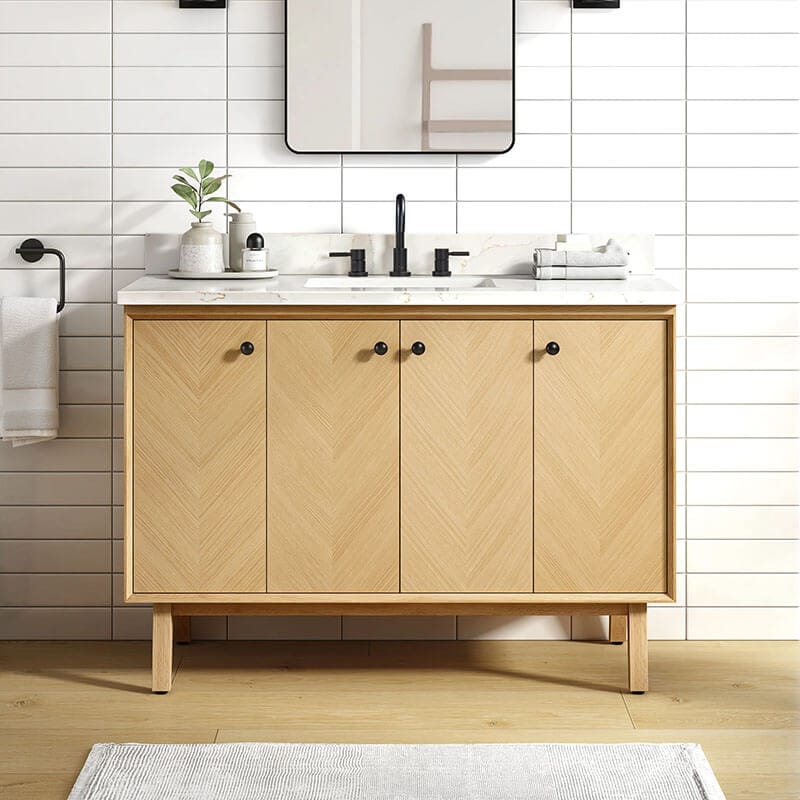 Avanity Adele 48 inch Single Sink Bathroom Vanity Natural Oak in Calacatta Quartz Front View