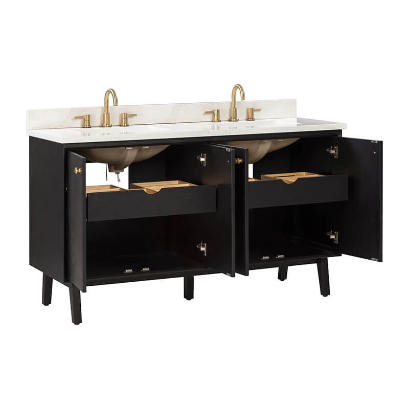 Avanity Adele 60 Double Sink Bathroom Vanity Black Oak in Calacatta Quartz Open Drawer