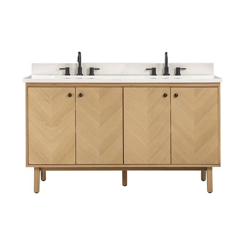 Avanity Adele 60 Double Sink Bathroom Vanity Natural Oak in Calacatta Quartz Front View