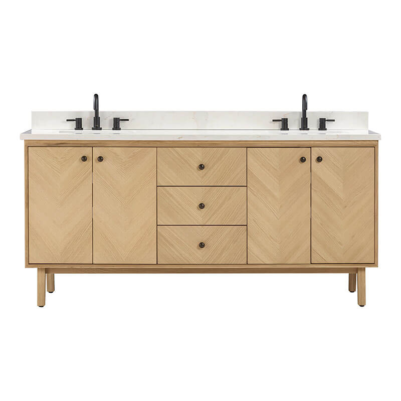 Avanity Adele 72 Double Sink Bathroom Vanity Natural Oak in Calacatta Quartz Front View
