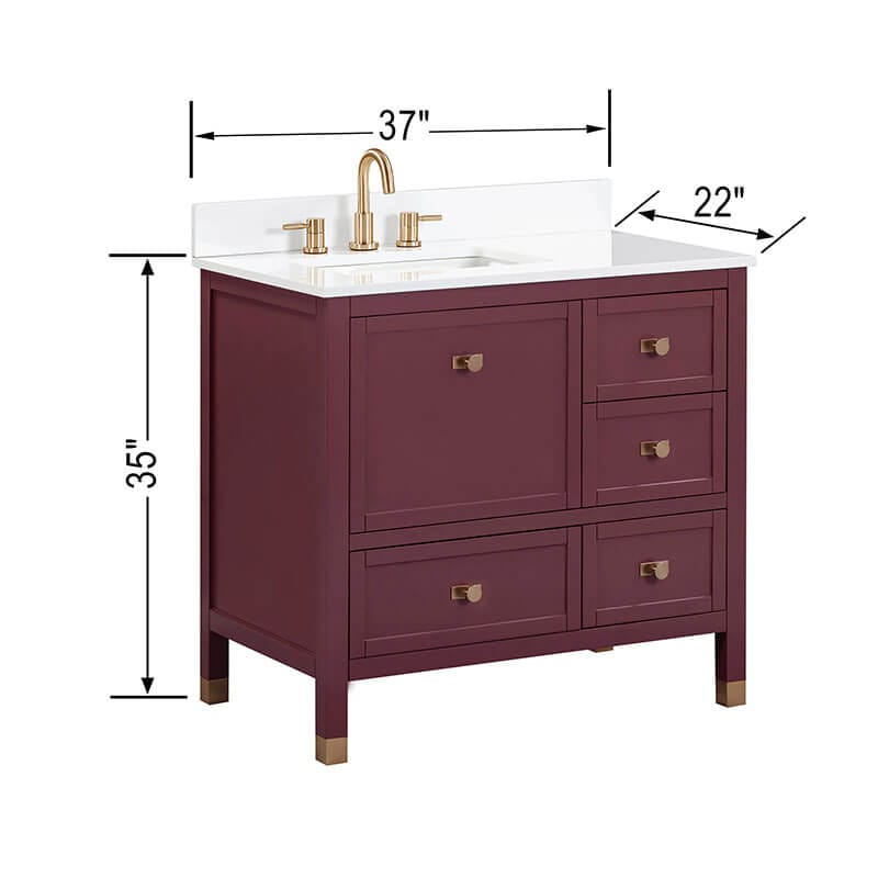 Avanity Alana 36 Inch Single Vanity Burgundy Red in White Engineered Stone Dimension