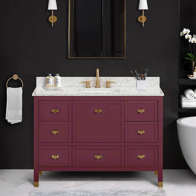 Avanity Alana 48 Inch Single Vanity Burgundy Red in Alluring Quartz Front View