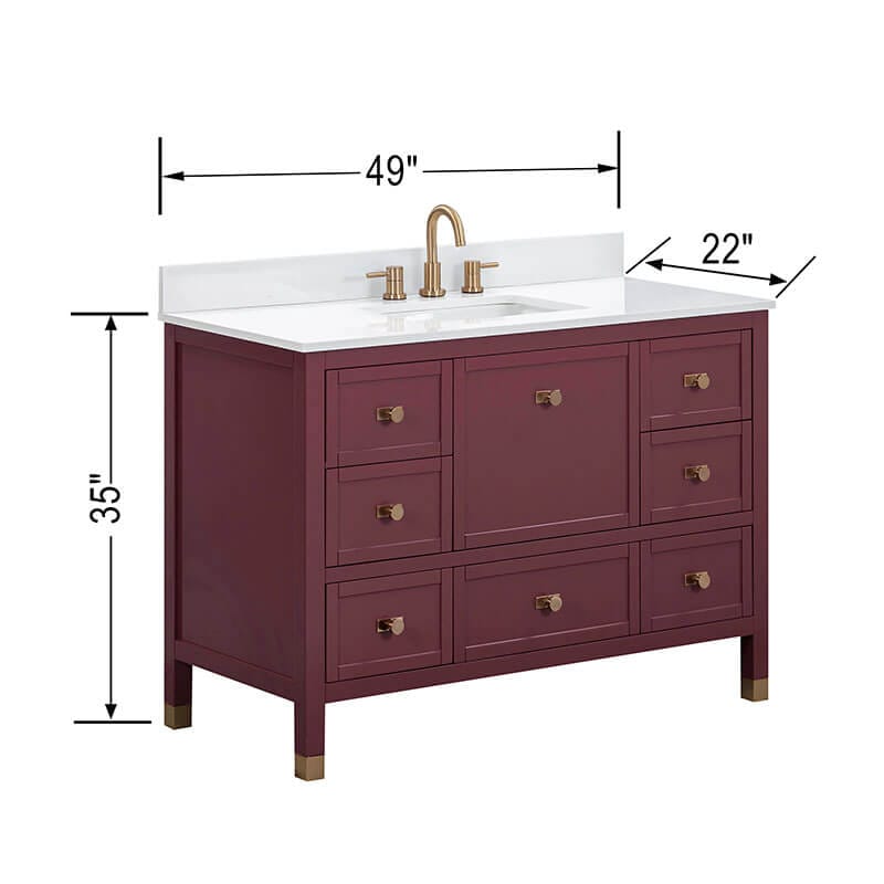 Avanity Alana 48 Inch Single Vanity Burgundy Red in White Engineered Stone Dimension