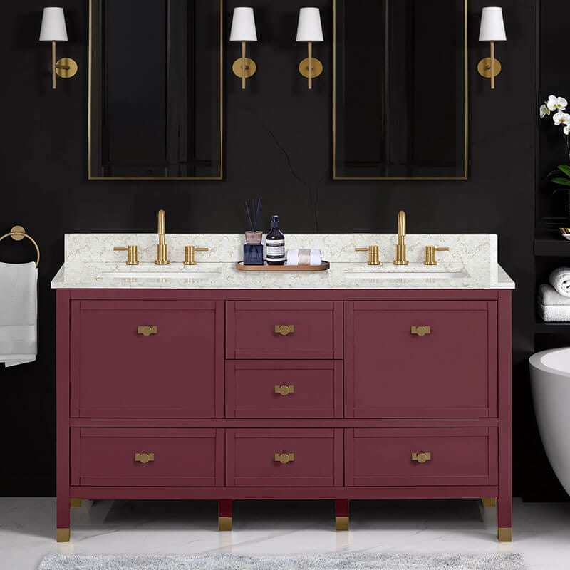 Avanity Alana 60 inch Double Vanity Burgundy Red in Alluring Quartz Front View