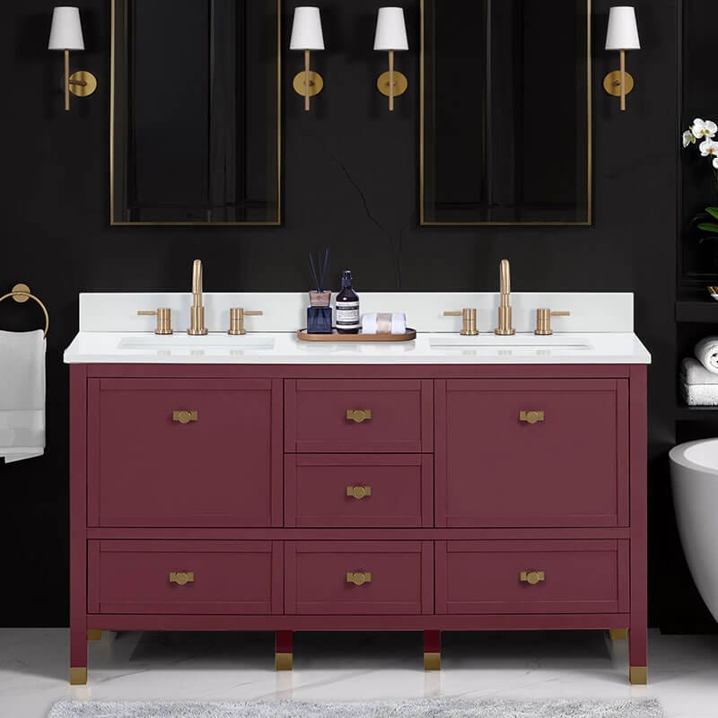Avanity Alana 60 inch Double Vanity Burgundy Red in White Engineered Stone Front View