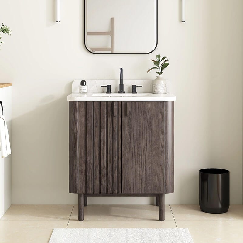 Avanity Blakely 30 inch Single Sink Bathroom Vanity Brown Oak in Calacatta Quartz Front View