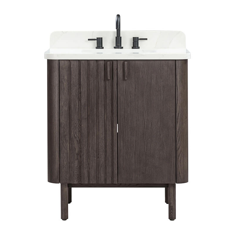 Avanity Blakely 30 Single Sink Bathroom Vanity Brown Oak in Calacatta Quartz Front View