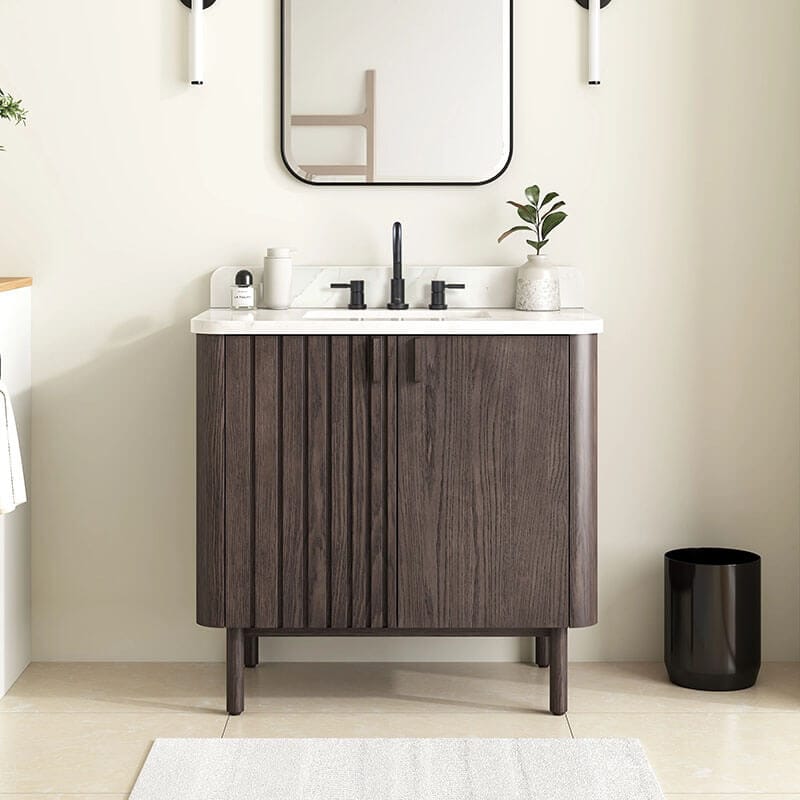 Avanity Blakely 36 inch Single Sink Bathroom Vanity Brown Oak in Calacatta Quartz Front View