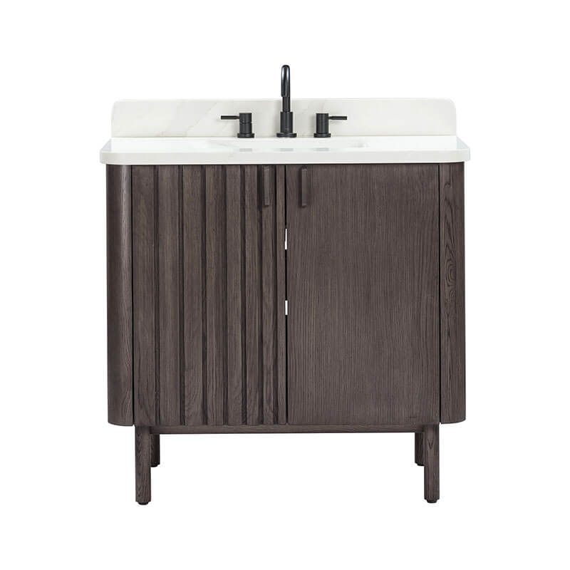 Avanity Blakely 36 Single Sink Bathroom Vanity Brown Oak in Calacatta Quartz Front View