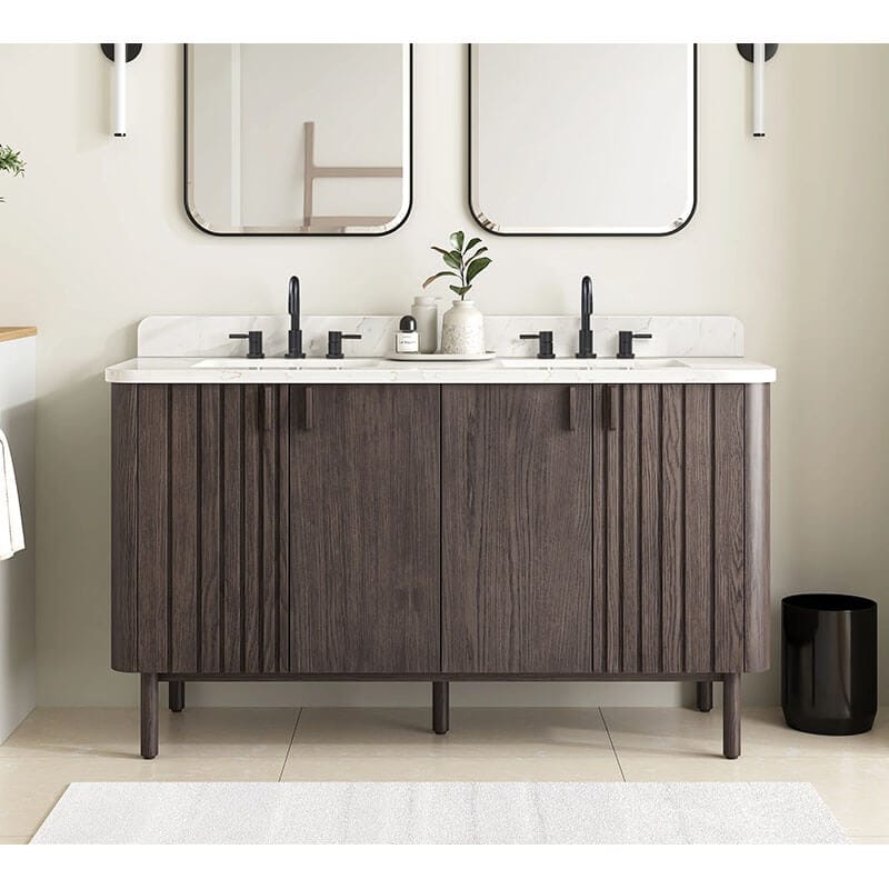 Avanity Blakely 60 inch Double Sink Bathroom Vanity Brown Oak in Calacatta Quartz Front View