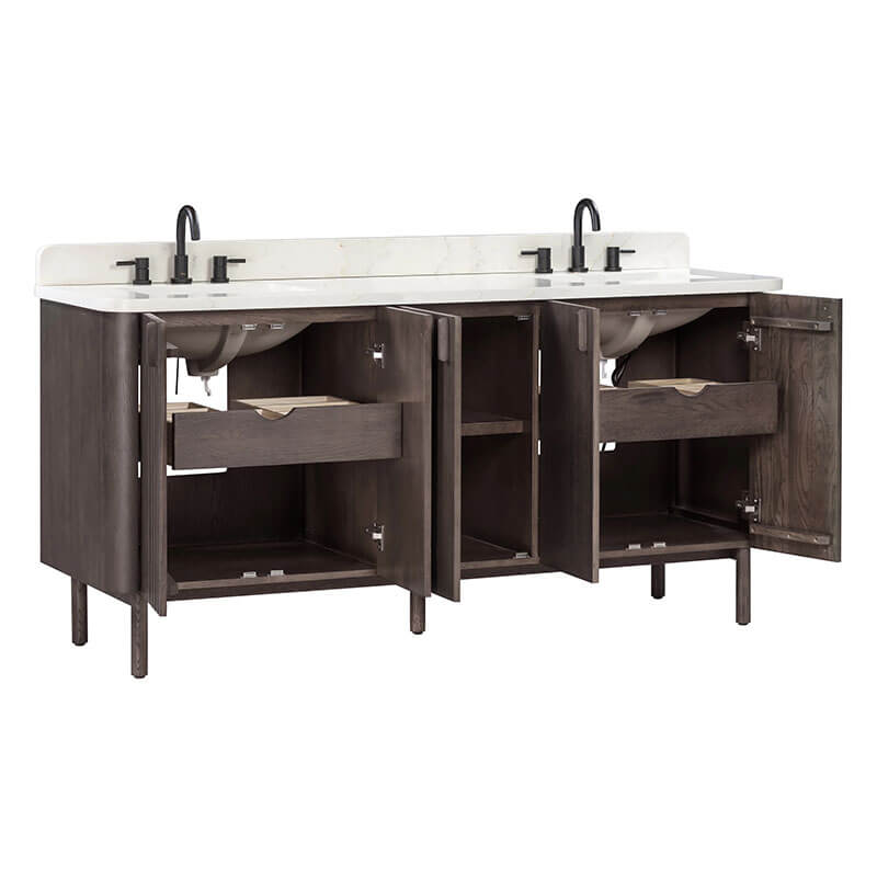 Avanity Blakely 72 Double Sink Bathroom Vanity Brown Oak in Calacatta Quartz Open Drawer
