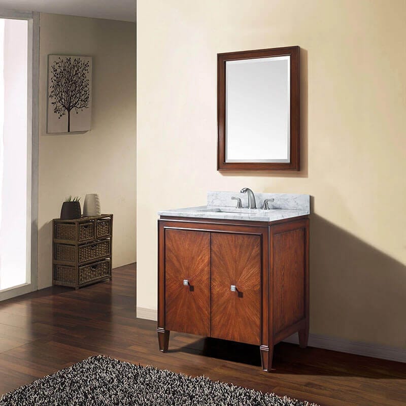 Avanity Brentwood 25 Single Sink Bathroom Vanity New Walnut in Carrara White Marble Corner View