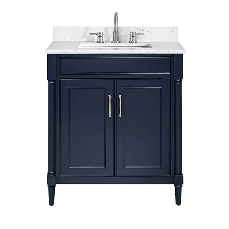 Avanity Bristol 30 Single Sink Bathroom Vanity Navy Blue in Cala White Engineered Stone Front View