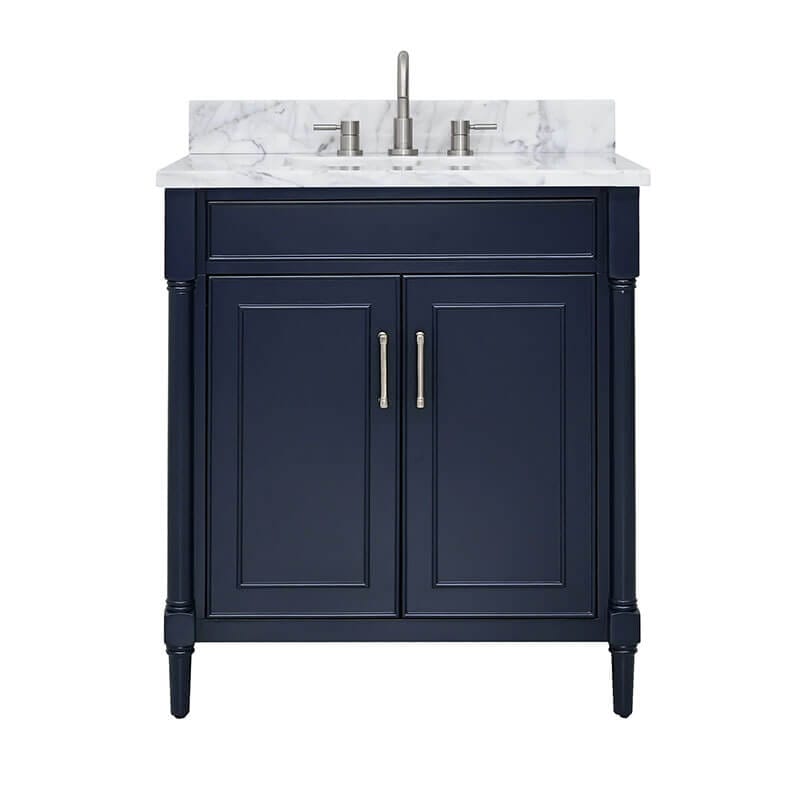 Avanity Bristol 30 Single Sink Bathroom Vanity Navy Blue in Carrara White Marble Front View