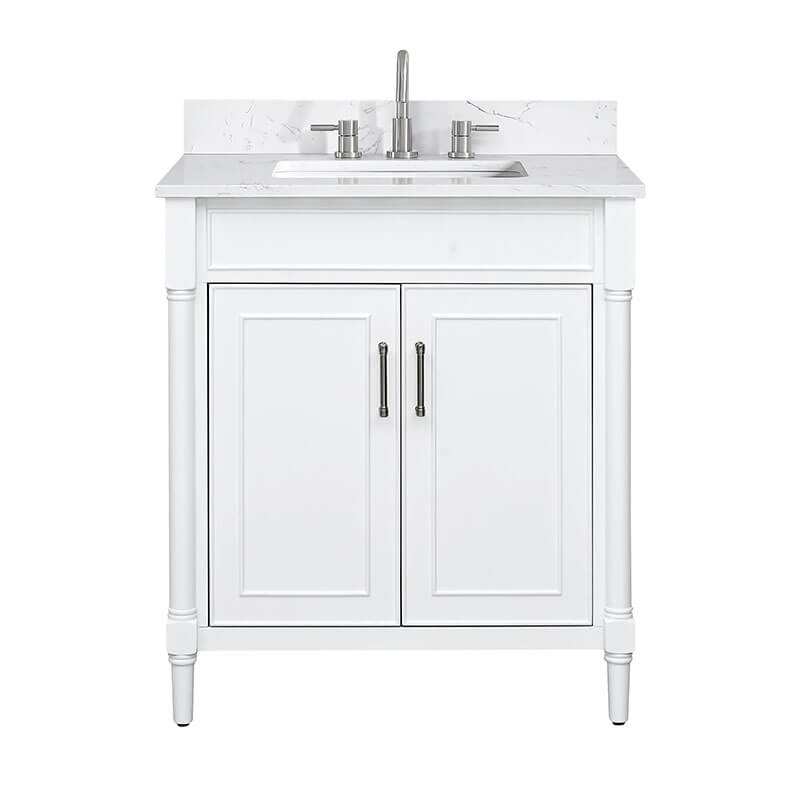 Avanity Bristol 30 Single Sink Bathroom Vanity White in Cala White Engineered Stone Front View