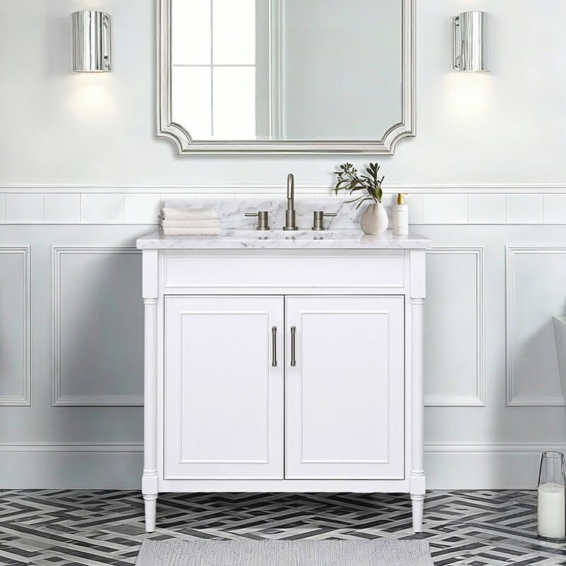 Avanity Bristol 36 inch Single Sink Bathroom Vanity in Carrara White Marble Front View