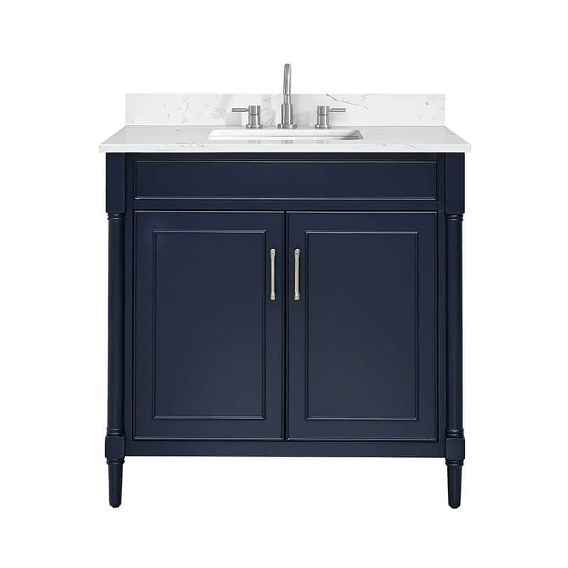 Avanity Bristol 36 Single Sink Bathroom Vanity Navy Blue in Cala White Engineered Stone Front View