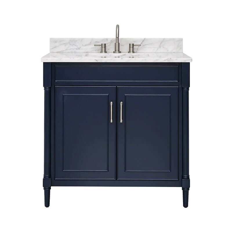 Avanity Bristol 36 Single Sink Bathroom Vanity Navy Blue in Carrara White Marble Front View