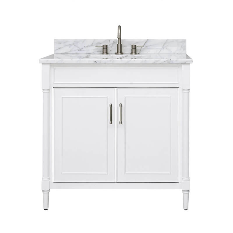 Avanity Bristol 36 Single Sink Bathroom Vanity White in Cala White Engineered Stone Front View