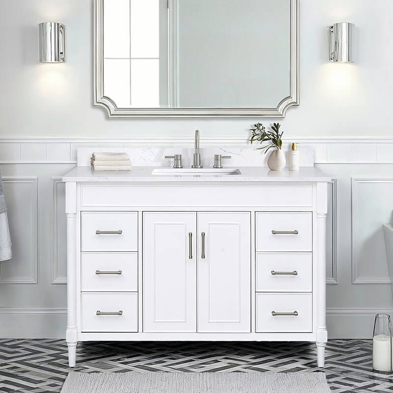 Avanity Bristol 48 inch Single Sink Bathroom Vanity White in Cala White Engineered Stone Front View