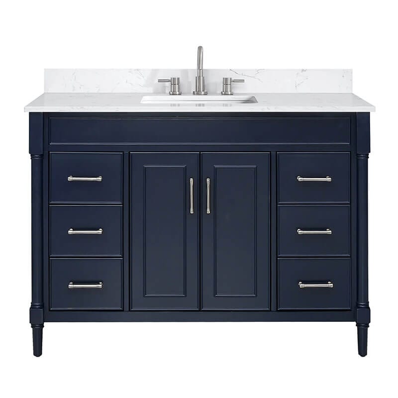 Avanity Bristol 48 Single Sink Bathroom Vanity Navy Blue in Cala White Engineered Stone Front View