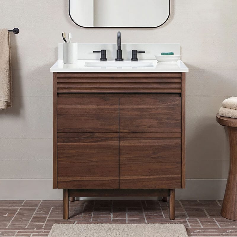 Avanity Carina 30 inch Single Vanity Coffee Teak in Cala White Engineered Stone Front View