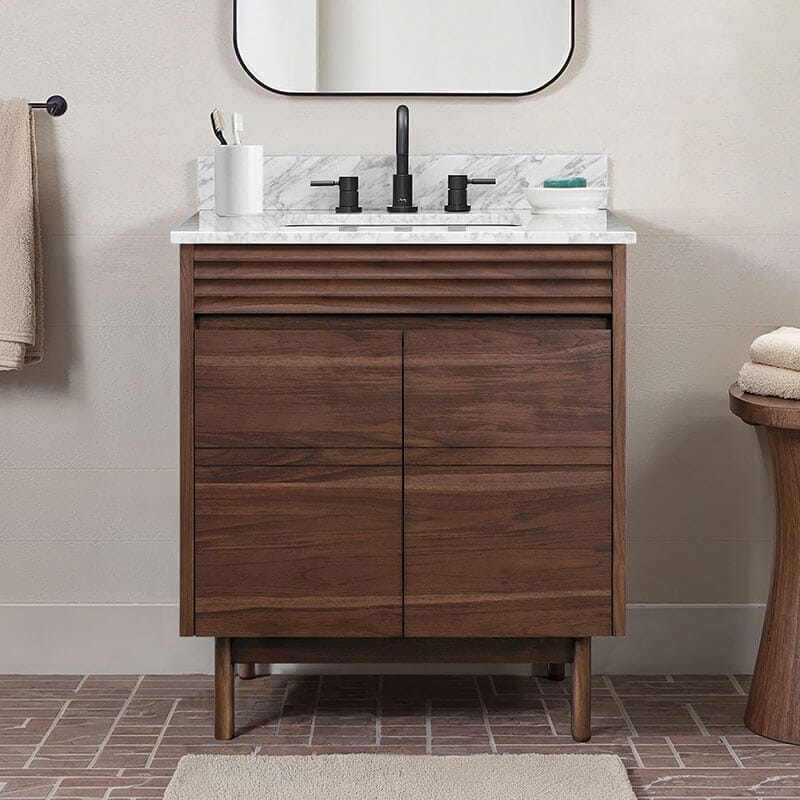 Avanity Carina 30 inch Single Vanity Coffee Teak in Carrara White Marble Front View