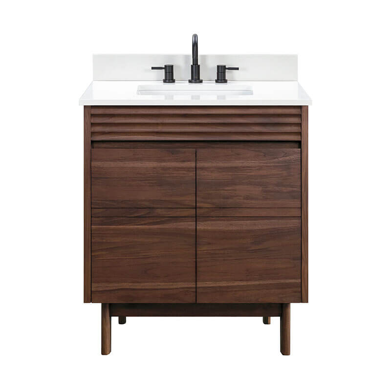 Avanity Carina 30 Single Vanity Coffee Teak in Cala White Engineered Stone Front View