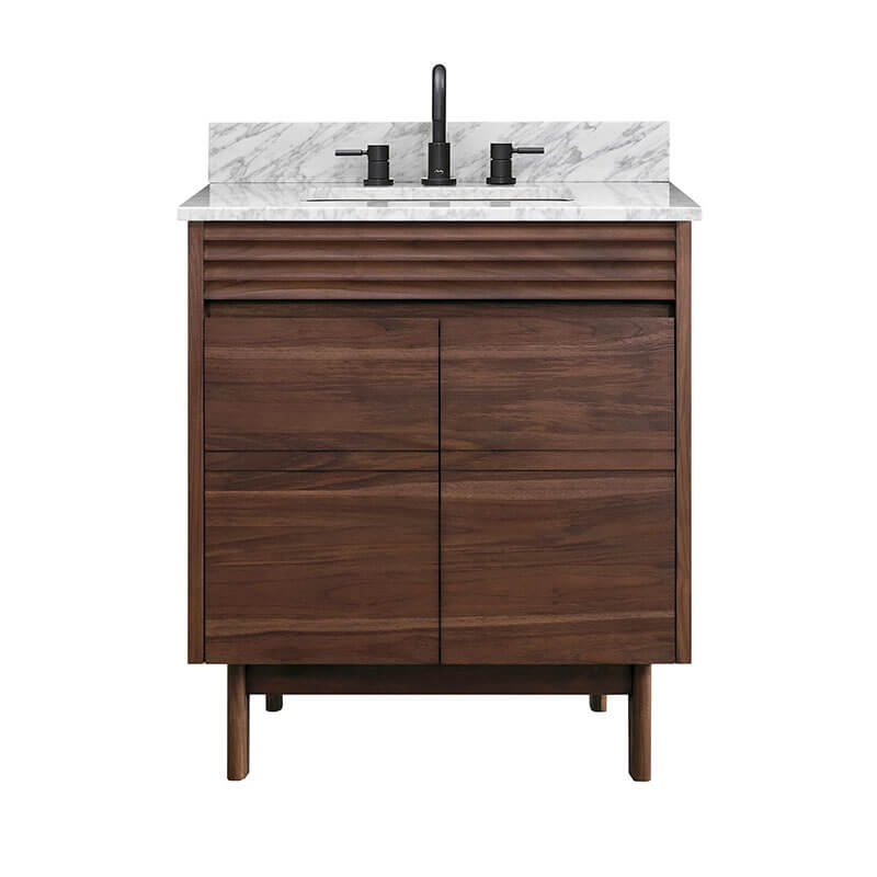 Avanity Carina 30 Single Vanity Coffee Teak in Carrara White Marble Front View