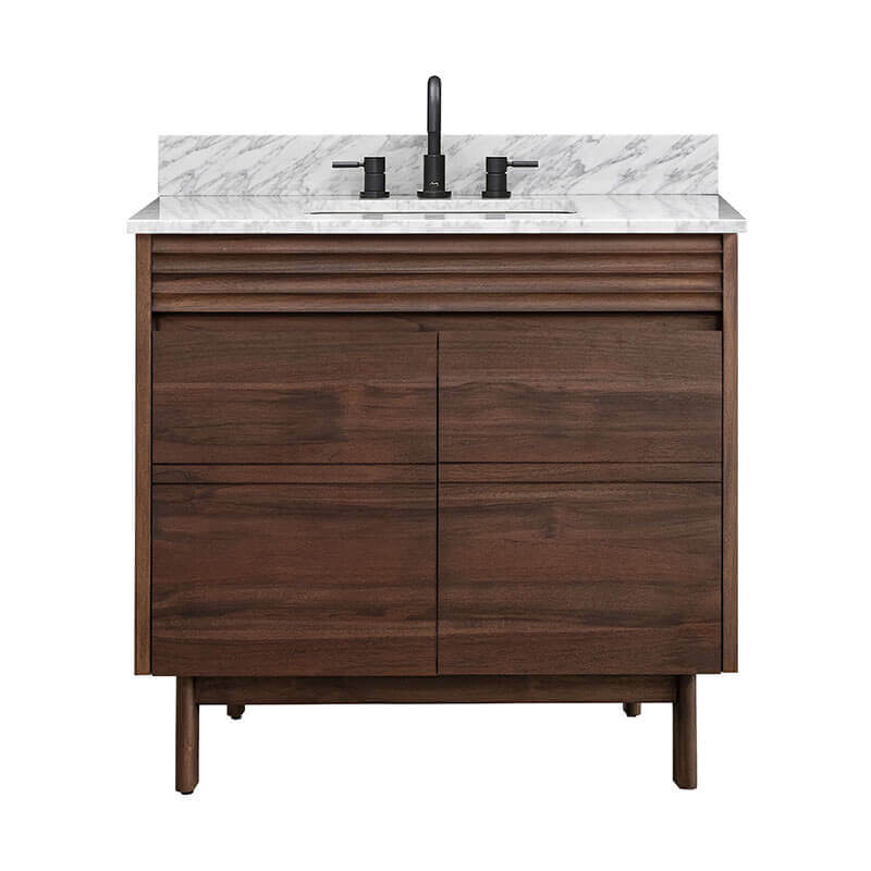 Avanity Carina 36 Single Vanity Coffee Teak in Carrara White Marble Front View