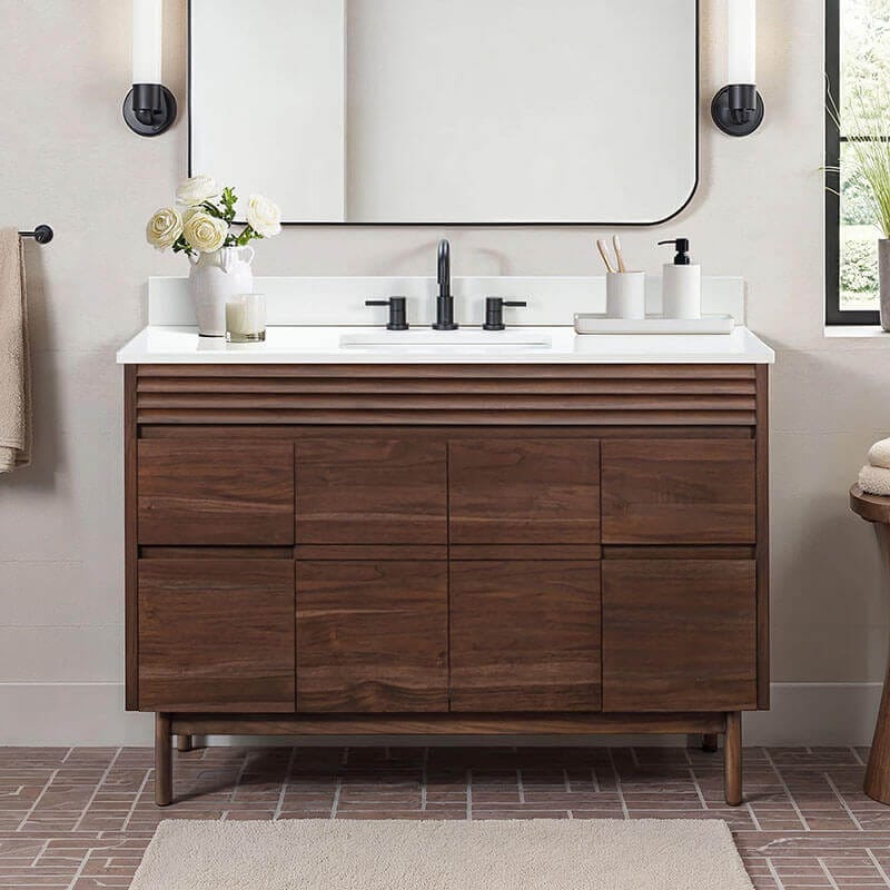 Avanity Carina 48 inch Single Vanity Coffee Teak in Cala White Engineered Stone Front View