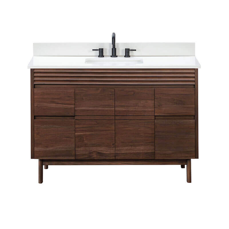 Avanity Carina 48 Single Vanity Coffee Teak in Cala White Engineered Stone Front View