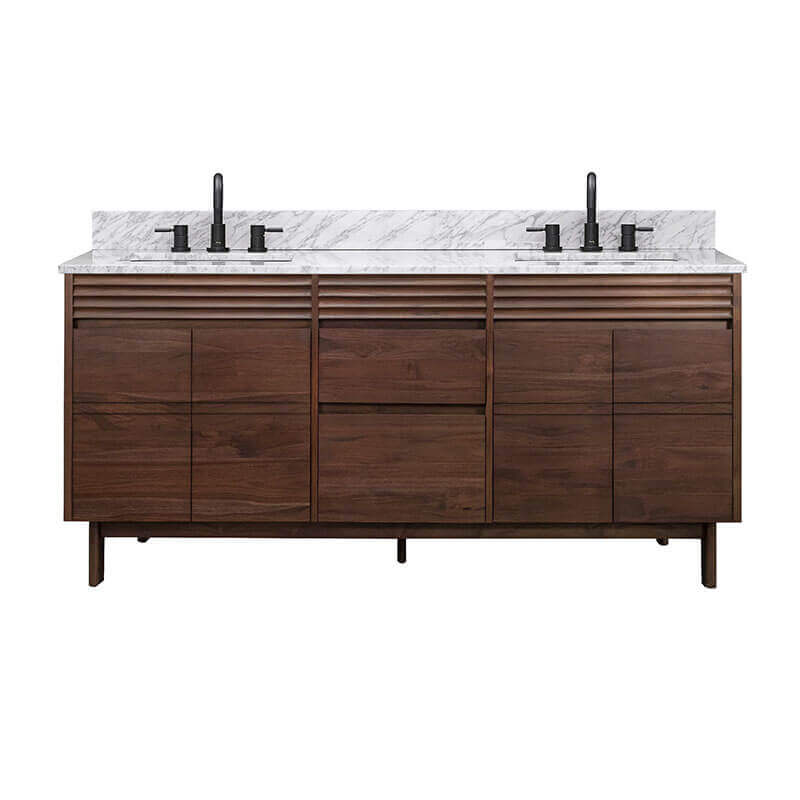 Avanity Carina 72 Double Vanity Coffee Teak in Carrara White Marble Front View