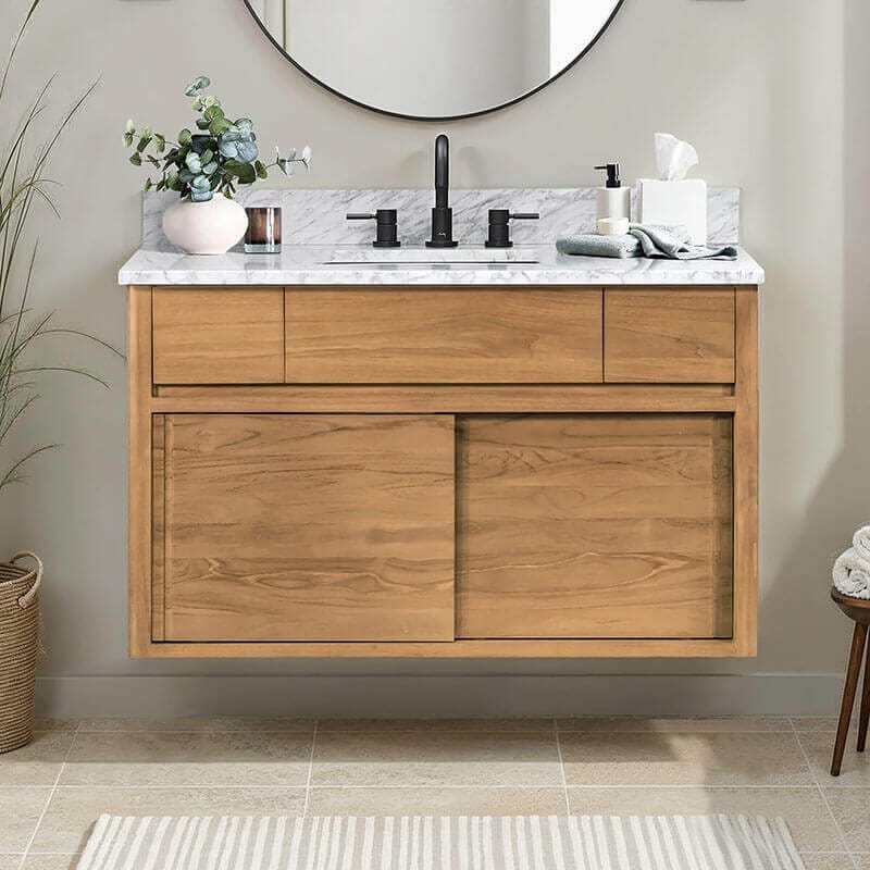 Avanity Colbie 42 Single Sink Teak Bathroom Vanity with Dual Mount Option Natural Teak in Carrara White Marble Floating