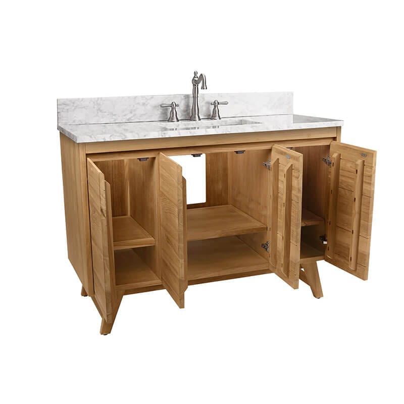 Avanity Coventry 48 inch Single Sink Teak Bathroom Vanity Natural Teak in Carrara White Marble Corner View