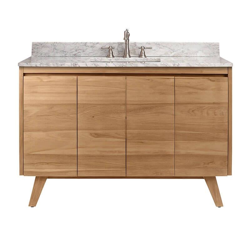 Avanity Coventry 48 Single Sink Teak Bathroom Vanity Natural Teak in Carrara White Marble Front View
