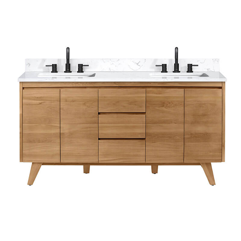 Avanity Coventry 60 Double Sink Teak Bathroom Vanity Natural Teak in Cala White Engineered Stone Front View