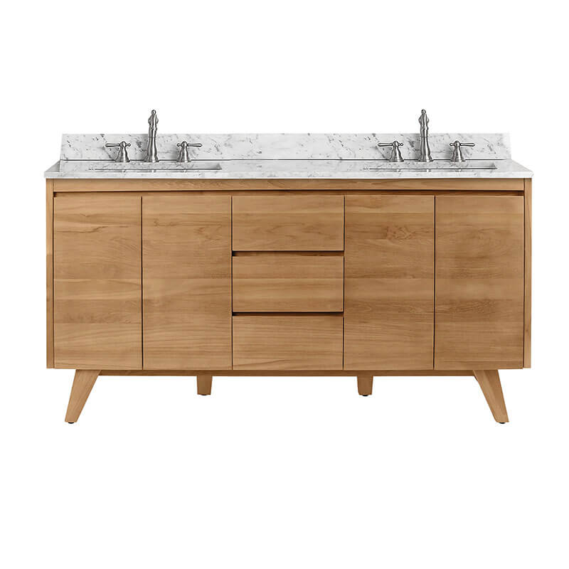 Avanity Coventry 60 Double Sink Teak Bathroom Vanity Natural Teak in Carrara White Marble Front View