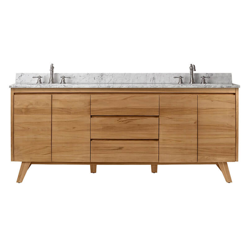 Avanity Coventry 72 Double Sink Teak Bathroom Vanity Natural Teak in Carrara White Marble Front View
