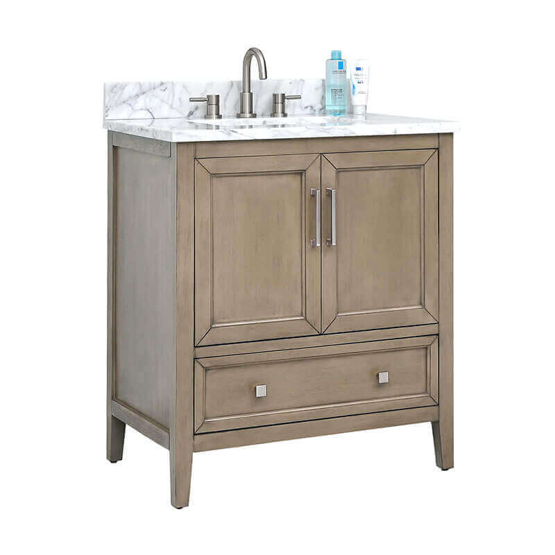 Avanity Everette 30 inch Single Vanity Gray Oak in Carrara White Marble Corner View