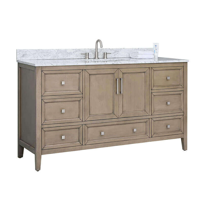 Avanity Everette 60 inch Single Vanity Gray Oak in Carrara White Marble Corner View