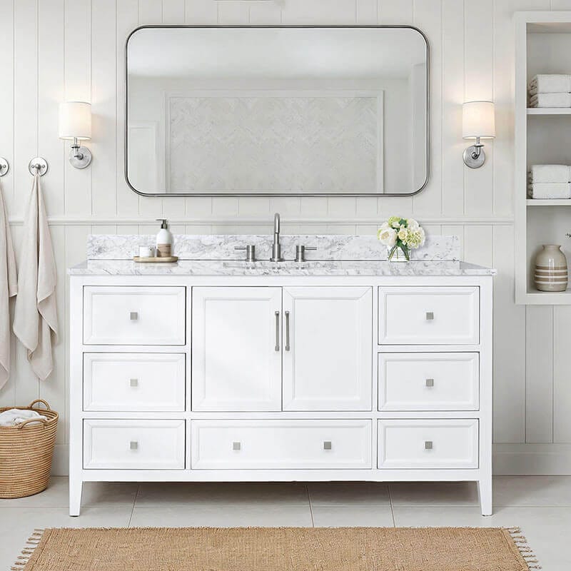 Avanity Everette 60 Single Vanity White in Carrara White Marble Front View