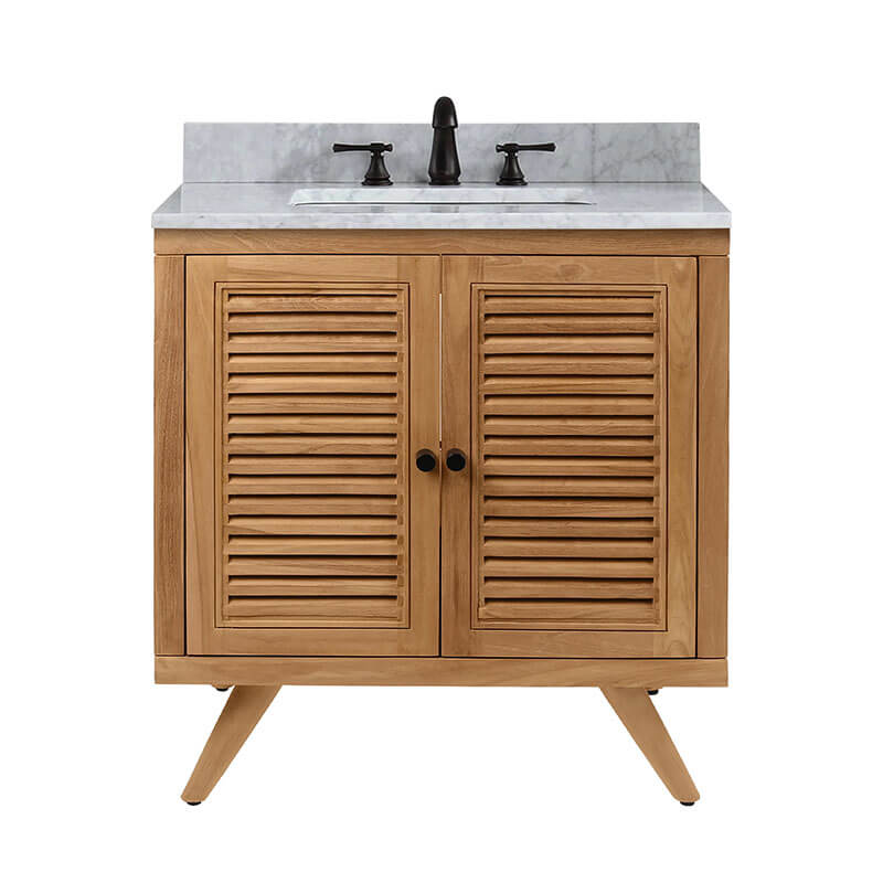 Avanity Harper 30 Single Sink Teak Bathroom Vanity Natural Teak in Carrara White Marble Front View