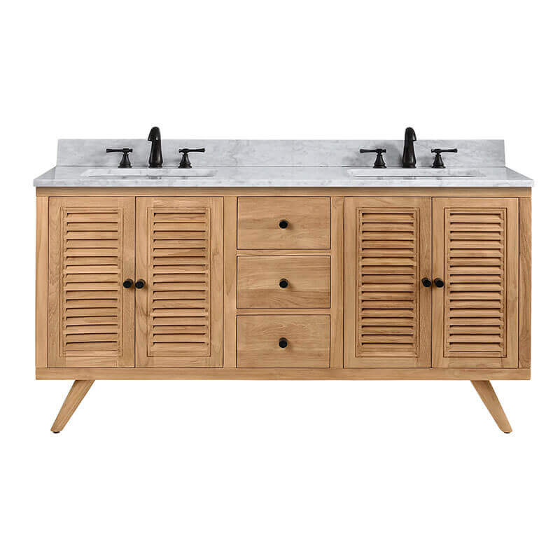 Avanity Harper 60 Double Sink Teak Bathroom Vanity Natural Teak in Carrara White Marble