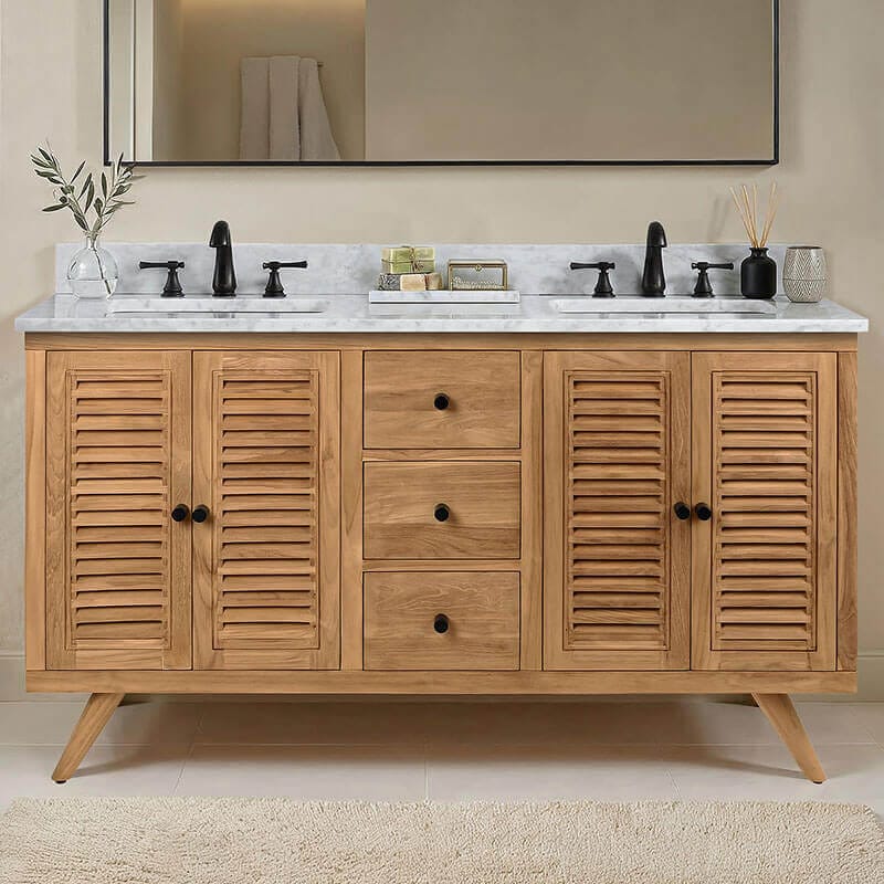 Avanity Harper 60 inch Double Sink Teak Bathroom Vanity Natural Teak in Carrara White Marble Front View