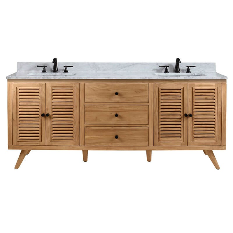 Avanity Harper 72 Double Sink Teak Bathroom Vanity Natural Teak in Carrara White Marble Front View
